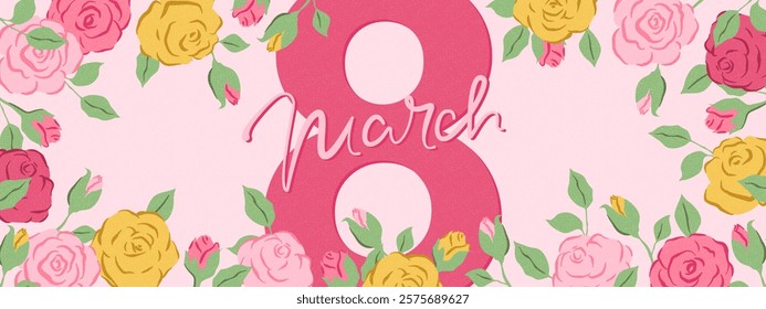 Spring flowers. 8 March, womens day, mother's day holiday card, banner. Bright colorful botanical background, pattern. 