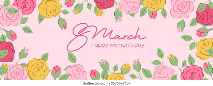 Spring flowers. 8 March, womens day, mother's day holiday card, banner. Bright colorful botanical background, pattern. 