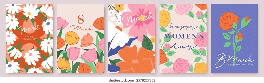 Spring flowers. 8 March, womens day, mother's day holiday cards set. Bright colorful botanical background, pattern. Roses, tulips, field flowers.