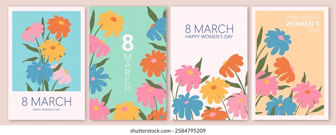 Spring flowers. 8 March, womens day, mother's day holiday card. Bright colorful botanical background, pattern. Hand drawn daisies.