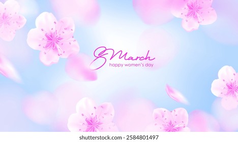 Spring flowers. 8 March, womens day, mother's day holiday card. Bright colorful botanical background, pattern. Flying petals, cherry blossoms in the blue sky.