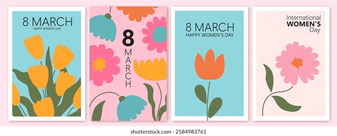 Spring flowers. 8 March, womens day, mother's day holiday cards set. Bright colorful botanical background, pattern. 