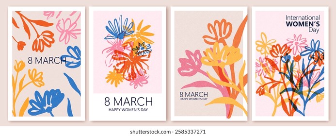 Spring flowers. 8 March, womens day, mother's day holiday cards set. Bright colorful botanical background, pattern. 