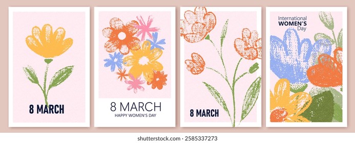 Spring flowers. 8 March, womens day, mother's day holiday cards set. Bright colorful botanical background, pattern. 