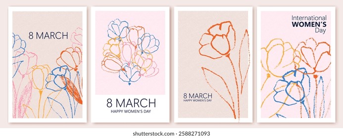 Spring flowers. 8 March, womens day, mother's day holiday cards set. Bright colorful botanical background, pattern. Hand drawn tulips.