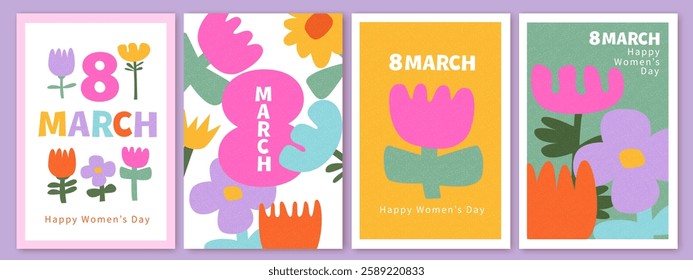 Spring flowers. 8 March, womens day, mother's day holiday cards set. Bright colorful botanical background, pattern. Hand drawn buds, flowers, plants.