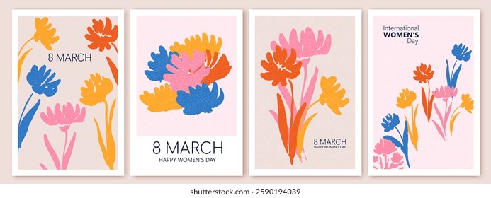 Spring flowers. 8 March, womens day, mother's day holiday cards set. Bright colorful botanical background, pattern. 