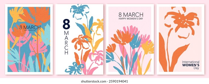 Spring flowers. 8 March, womens day, mother's day holiday cards set. Bright colorful botanical background, pattern. 