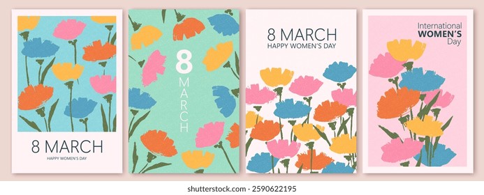 Spring flowers. 8 March, womens day, mother's day holiday cards set. Bright colorful botanical background, pattern. 