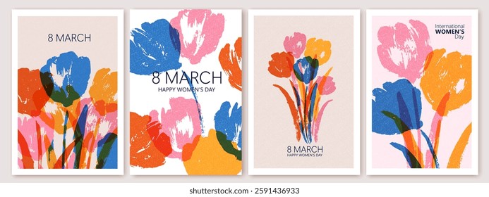 Spring flowers. 8 March, womens day, mother's day holiday cards set. Bright colorful botanical background, pattern. 