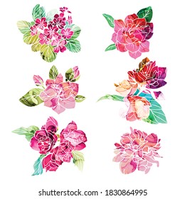 Spring flowers with alcohol ink texture on background, hand drawn vector watercolor illustration