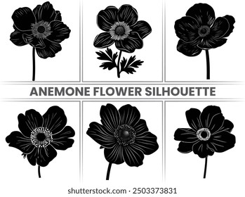 Frühlingsblumen Anemone Silhouette Vektorsatz.