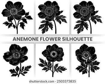 Spring flowers Anemone Silhouette vector set.