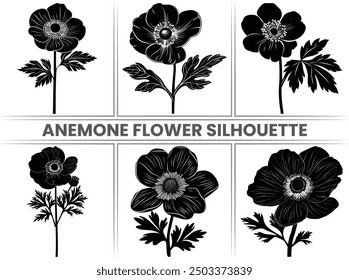 Spring flowers Anemone Silhouette vector set.