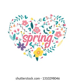 Spring, flowers arranged in heart. Floral design.  Vector illustration.