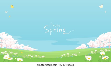 Spring flowers background with copy space. Vector illustration of pink cherry blossom tree and sunny sky landscape.