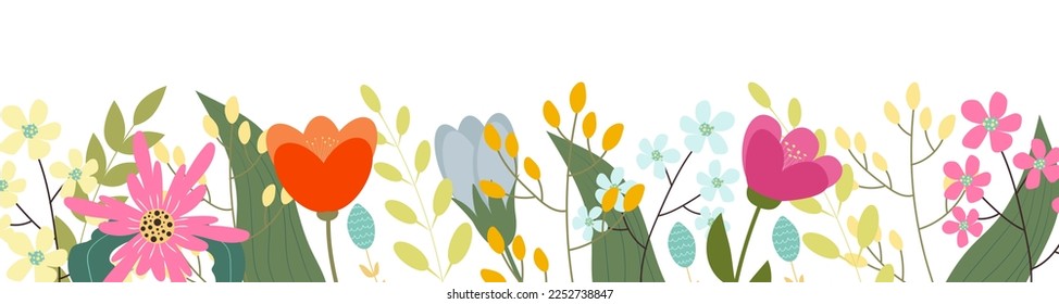Spring flowers background. Flat design. Hand drawn trendy vector greeting card.