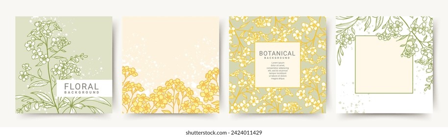 Spring Flowers Background. Floral Botanical elements in line art style and texture. Editable vector templates for card, banner, invitation, social media, poster, web advertising, cover, packaging