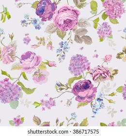 Spring Flowers Background - Seamless Floral Shabby Chic Pattern - In Vector
