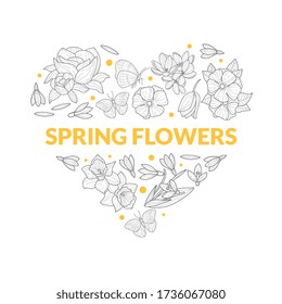 Plantilla de banner de flores de primavera con plantas de pradera silvestres y hojas de forma cardíaca, guardar la fecha, invitación de boda, tarjeta de felicitación, imagen de vectores dibujados con logotipo Boutique