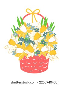 Flores de primavera en cesta, flores daffodil y olvidarme-no. Aislado sobre fondo blanco. Gráficos vectoriales en stock.