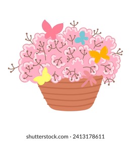 Spring flowers in basket isolated in flat cartoon design. Beautiful blooming bouquet with soft pink plants and twigs and flying butterflies for springtime. Vector illustration isolated composition