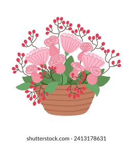 Spring flowers in basket isolated in flat cartoon design. Beautiful blooming bouquet with soft pink roses, red berries on twigs, green plants for springtime. Vector illustration isolated composition