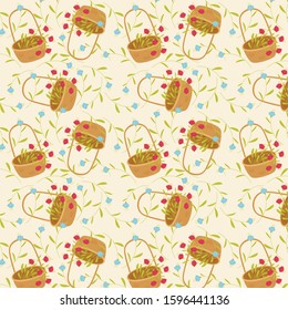 Spring flowers in the basket. Spring seamless vector pattern