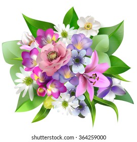 Spring flowers, a beautiful bouquet for design, anemones, primroses, freesia, lilies, irises,vector illustration Isolated on white background