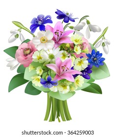 Spring flowers, a beautiful bouquet for design, anemones, primroses, freesia, lilies, irises,vector illustration Isolated on white background