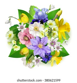 Spring flowers, a beautiful bouquet for design, anemones, primroses, freesia, lilies, irises,vector illustration Isolated on white background
