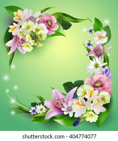 Spring flowers, a beautiful bouquet for design, anemones, primroses, freesia, lilies, irises,vector illustration 