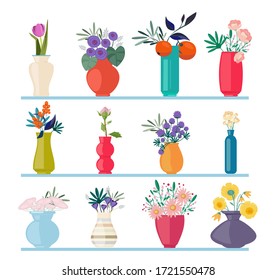 Spring flowers. Beautiful buds branches in vases summer flowers vector nature pictures isolated