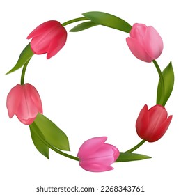 Spring flowers. Beautiful wreath of tulips. Floral background. Buds. Pink. Red.