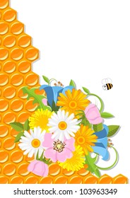 spring flowers, bee and honeycomb - vector illustration