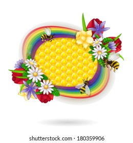 Spring flowers and bee over honeycombs and rainbow background
