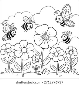 Flores de primavera con abejas de la línea de arte para colorear