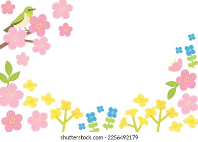 Flores de primavera y ilustración del marco de fondo de ave