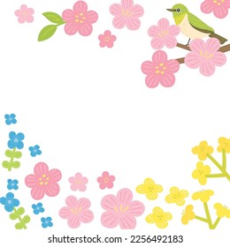 Flores de primavera y ilustración del marco de fondo de ave