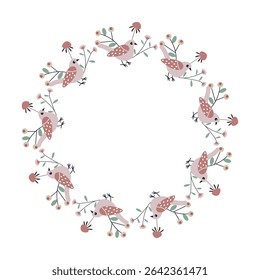  Spring flowers and bird. Spring leaves circle frame. Round border made of fall leaves in pink, yellow, and green. Vector flat isolated on white background.