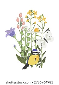 spring flowers and bird, vector drawing wild plants, butterfly and blue tit at white background, floral composition, hand drawn botanical illustration