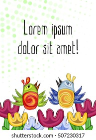 Spring flowers and birds card with halftones