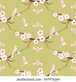 Spring flowers and birds seamless pattern. Apple tree blossom.