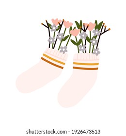 Spring flowers bloom in socks. Hand drawn colored trendy flat vector elements illustration.