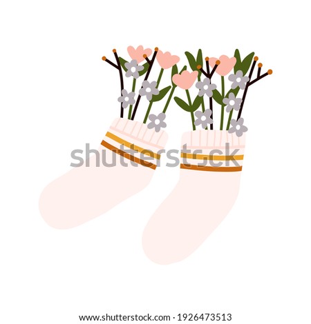 Spring flowers bloom in socks. Hand drawn colored trendy flat vector elements illustration.
