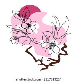 Flores de primavera composición de cerezo Sakura floreciente Dibujo de línea continua aislado Ilustración vectorial en un estilo minimalista sobre un fondo blanco