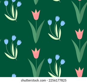 spring flowers blooming seamless vector pattern on green background
