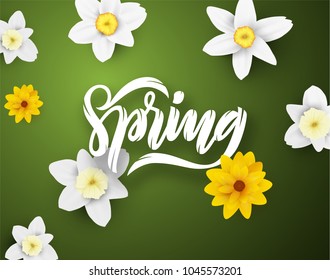 Spring flowers blossom trendy flat lay vector background. EPS10