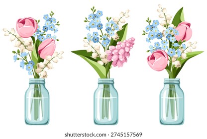 Spring flowers in blue mason jars. Pink, blue, and white tulips, hyacinth flowers, forget-me-not flowers, and lily of the valley flowers. Set of vector illustrations. Hand-drawn illustration, not AI