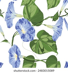 Spring flowers. Blue flowers. Seamless pattern, background. Vintage, old, retro style. Isolated on white background.